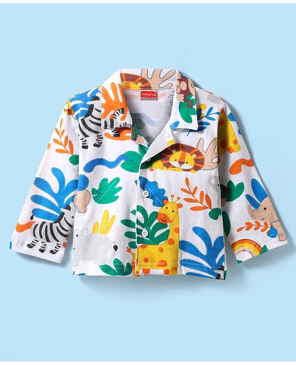 Babyhug Cotton Knit Full Sleeves Front Open Co-ords Night Suit with Animal Print - White