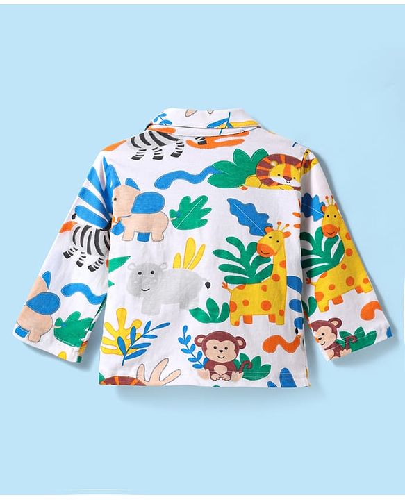 Babyhug Cotton Knit Full Sleeves Front Open Co-ords Night Suit with Animal Print - White