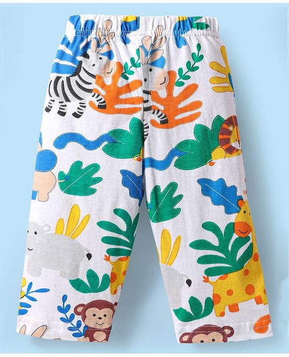 Babyhug Cotton Knit Full Sleeves Front Open Co-ords Night Suit with Animal Print - White