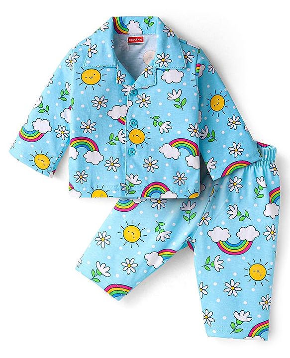 Babyhug Cotton Knit Full Sleeves Night Suit with Floral Print - Light Blue