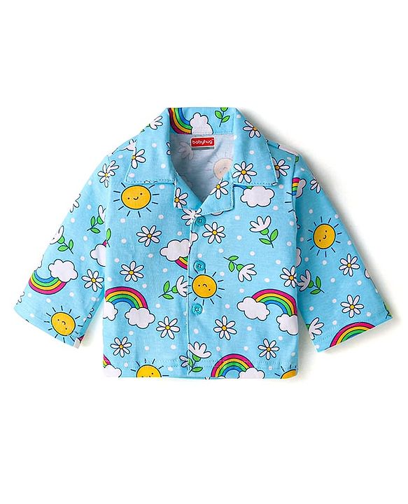 Babyhug Cotton Knit Full Sleeves Night Suit with Floral Print - Light Blue
