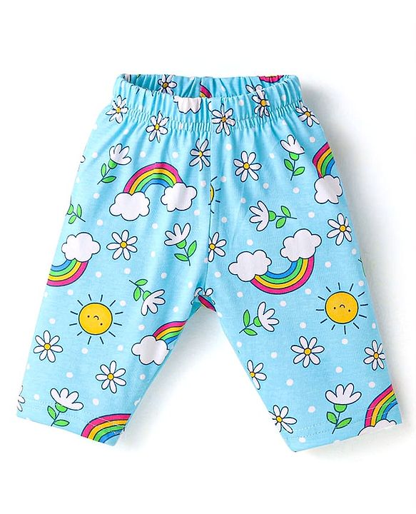 Babyhug Cotton Knit Full Sleeves Night Suit with Floral Print - Light Blue