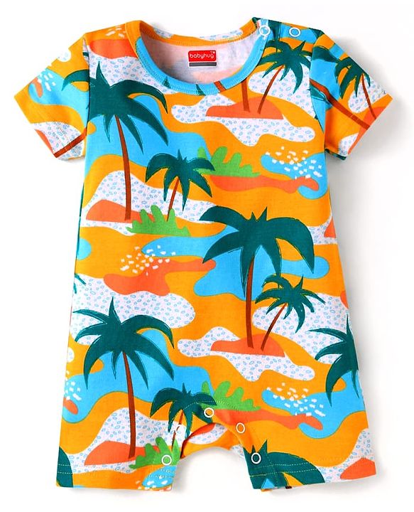 Babyhug Interlock Knit Half Sleeves Romper With Beach Theme Print - Yellow
