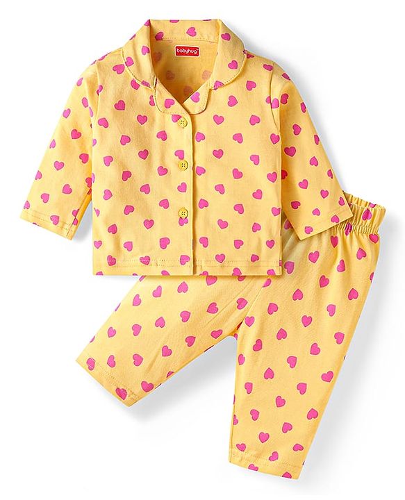Babyhug Cotton Knit Full Sleeves Night Suit With Heart Print- Yellow