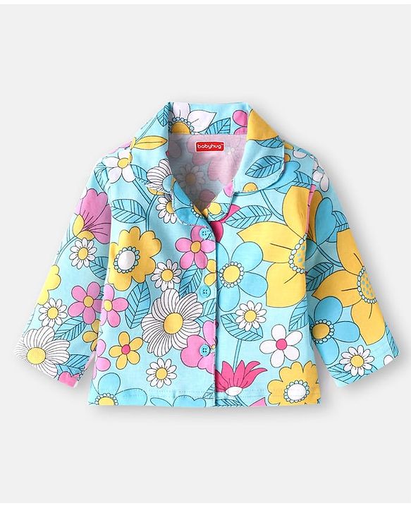 Babyhug Cotton Knit Full Sleeves Night Suit With Floral Print- Light Blue