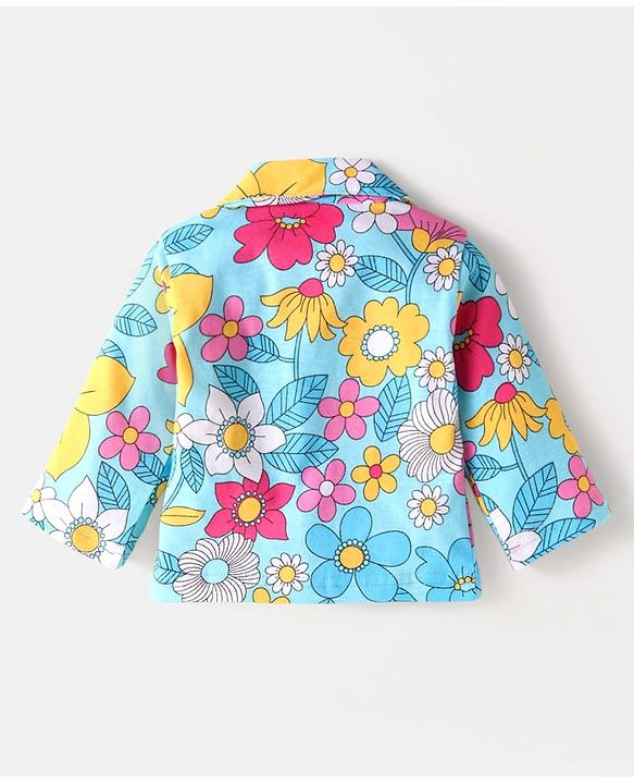 Babyhug Cotton Knit Full Sleeves Night Suit With Floral Print- Light Blue