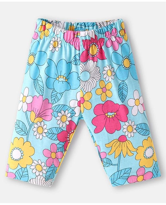 Babyhug Cotton Knit Full Sleeves Night Suit With Floral Print- Light Blue