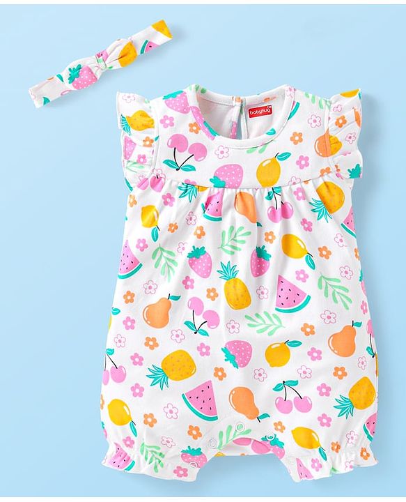Babyhug Interlock Knit Frill Sleeves Romper With Fruit Print & Hairband - White