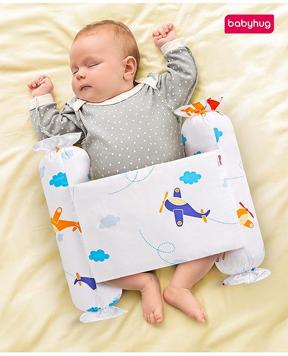 Babyhug Baby Anti Roll Side Bolsters Aeroplane Theme  - White