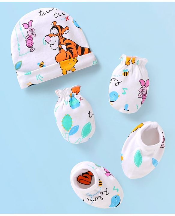 Babyhug Disney Interlock Knit Cap Mittens & Booties Set with Winnie & Friends Graphics - White