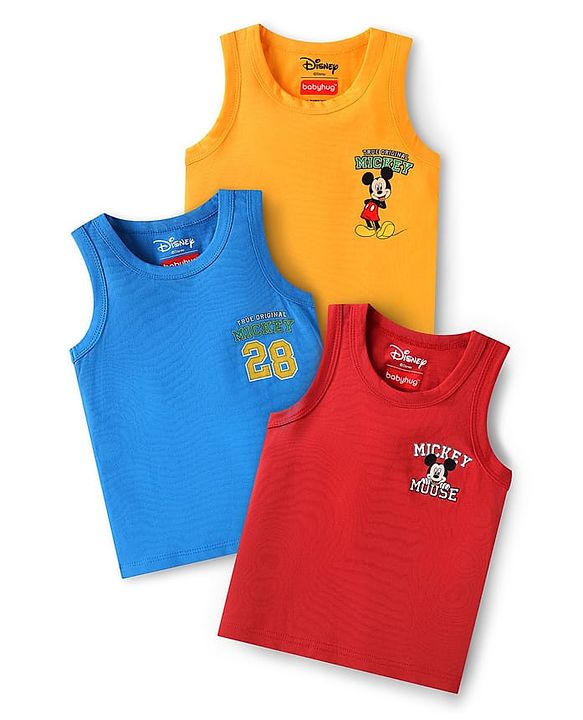 Babyhug Disney Interlock Knit Sleeveless Vests with Mickey Mouse Graphics Pack of 3 - Red Yellow & Blue