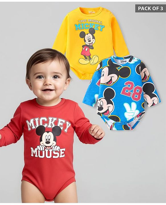 Babyhug Disney Interlock Knit Full Sleeves Onesies With Mickey Mouse Graphics Pack of 3 - Yellow Blue & Maroon