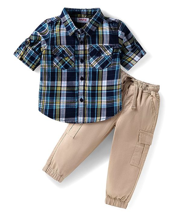 Babyhug Cotton Woven Full Sleeves Checkered Shirt & Joggers Set - Blue & Beige