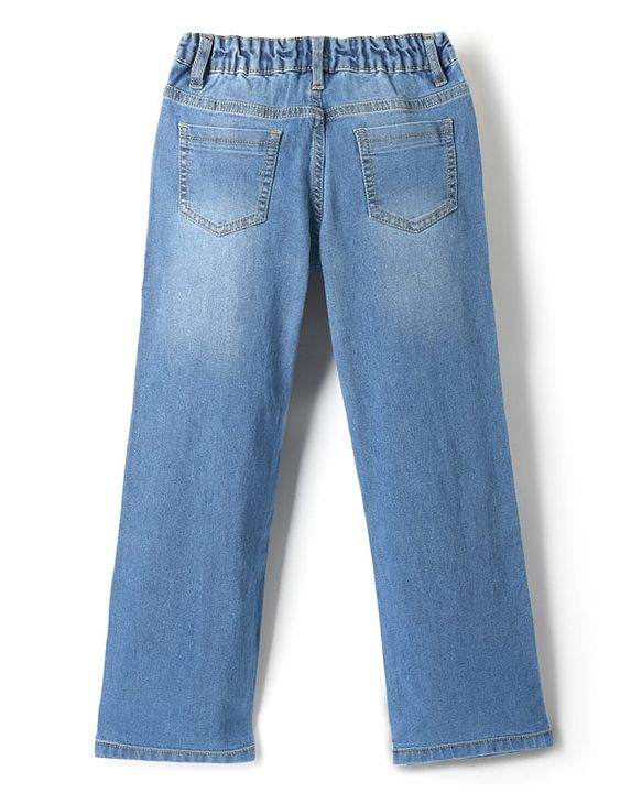 Pine Kids Woven Full Length Washed Denim Jeans With Floral Embroidery - Light Blue