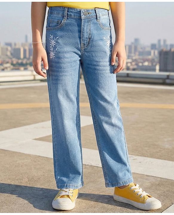 Pine Kids Woven Full Length Washed Denim Jeans With Floral Embroidery - Light Blue