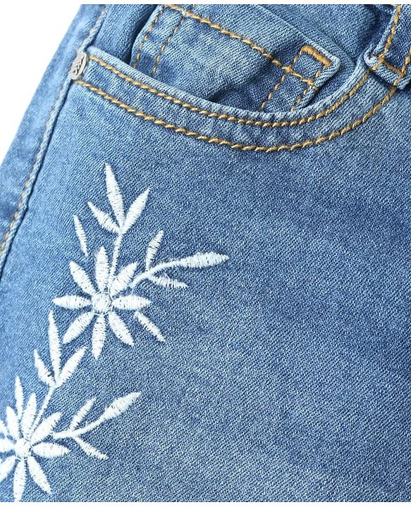 Pine Kids Woven Full Length Washed Denim Jeans With Floral Embroidery - Light Blue