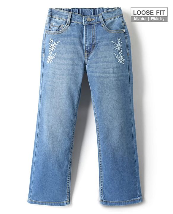 Pine Kids Woven Full Length Washed Denim Jeans With Floral Embroidery - Light Blue