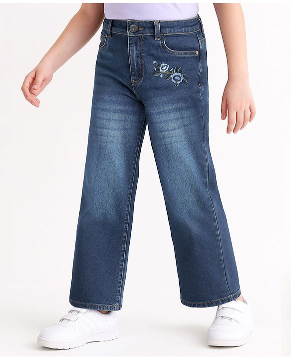 Pine Kids Denim Washed Full Length Jeans With Floral Embroidery - Navy Blue