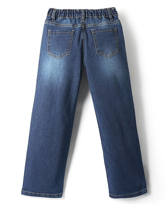Pine Kids Denim Washed Full Length Jeans With Floral Embroidery - Navy Blue