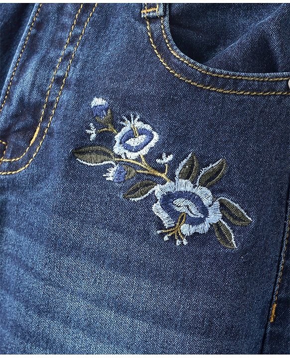 Pine Kids Denim Washed Full Length Jeans With Floral Embroidery - Navy Blue