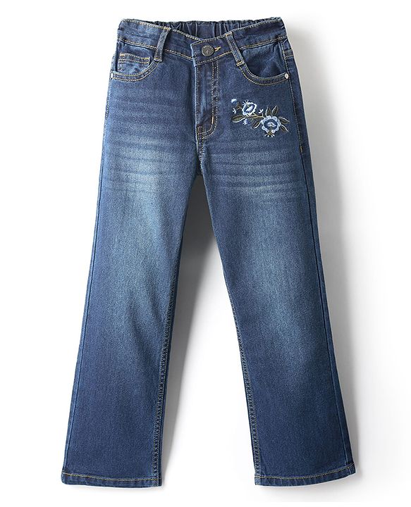 Pine Kids Denim Washed Full Length Jeans With Floral Embroidery - Navy Blue