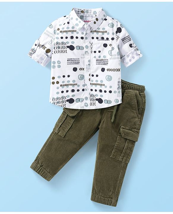 Babyhug 100% Cotton Woven Full Sleeves Printed Shirt & Corduroy Joggers Set - White & Green