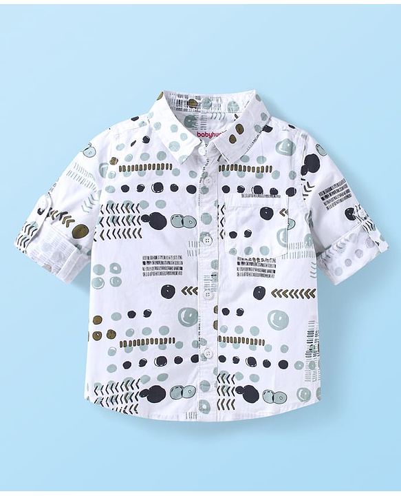 Babyhug 100% Cotton Woven Full Sleeves Printed Shirt & Corduroy Joggers Set - White & Green