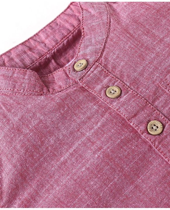 Babyhug Cotton Woven Full Sleeves  Mandarin Collar Shirt & Jeans Set - Red & Blue