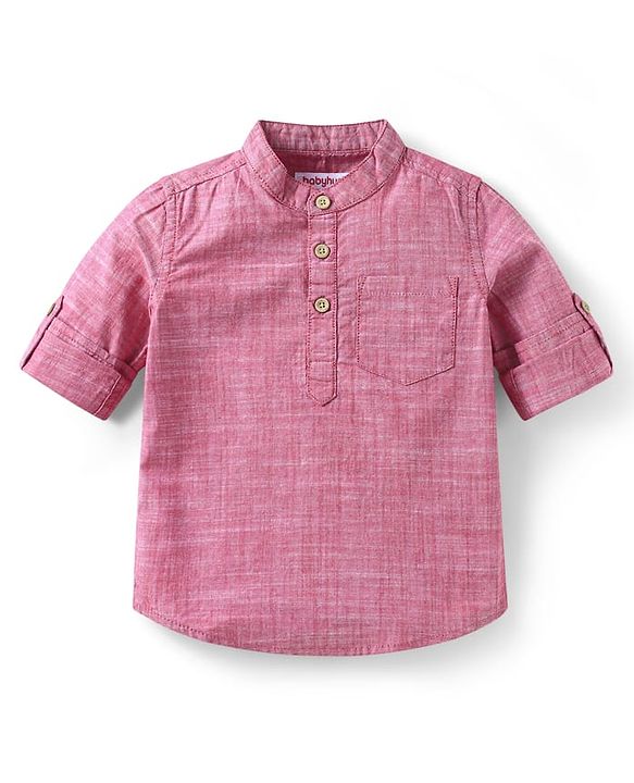 Babyhug Cotton Woven Full Sleeves  Mandarin Collar Shirt & Jeans Set - Red & Blue