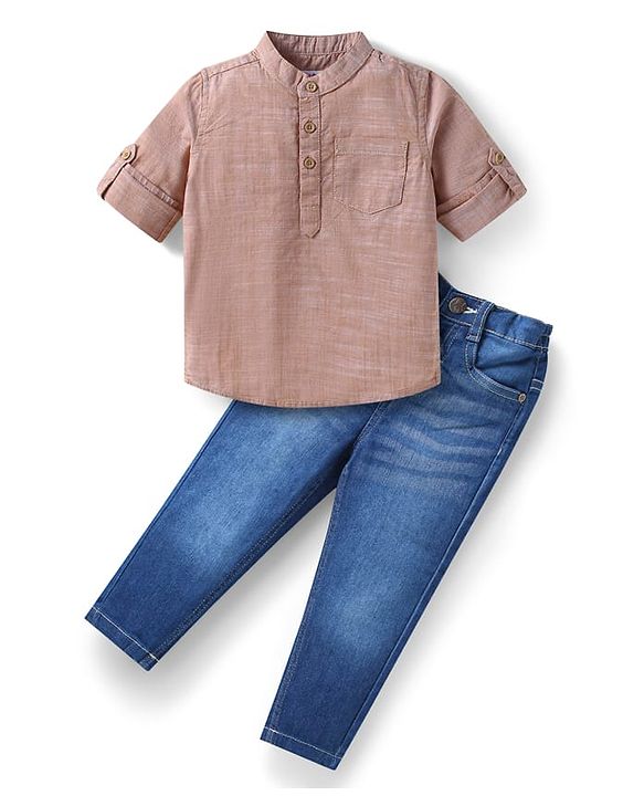 Babyhug Cotton Woven Full Sleeves Kurta Styled Solid Shirt & Denim Jeans Set - Tan & Blue