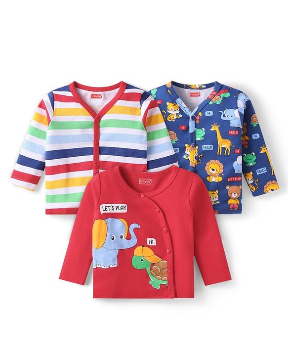 Babyhug 100% Cotton Knit Full Sleeves Front Open Vests with Animal Print Pack of 3 - Red Blue & White