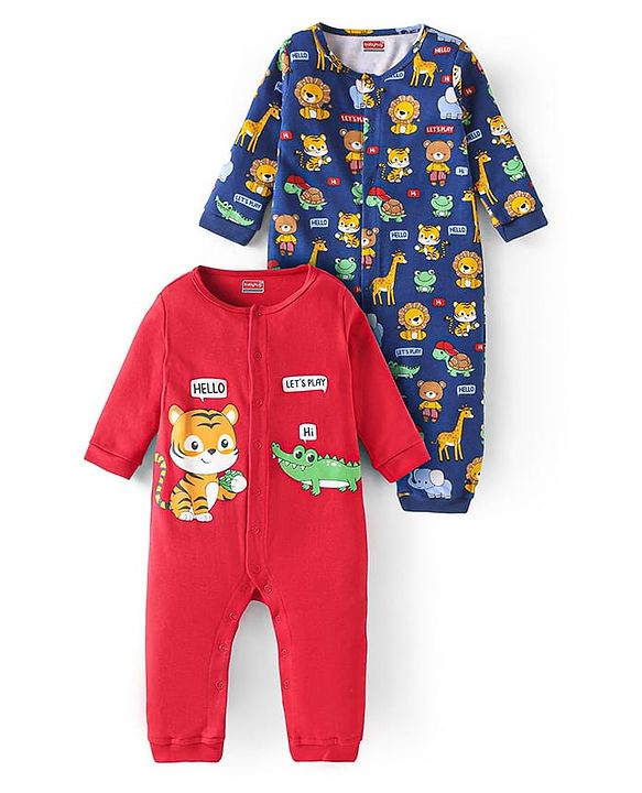 Babyhug Interlock Knit Full Sleeves Rompers With Animal Print Pack of 2 - Red & Navy Blue