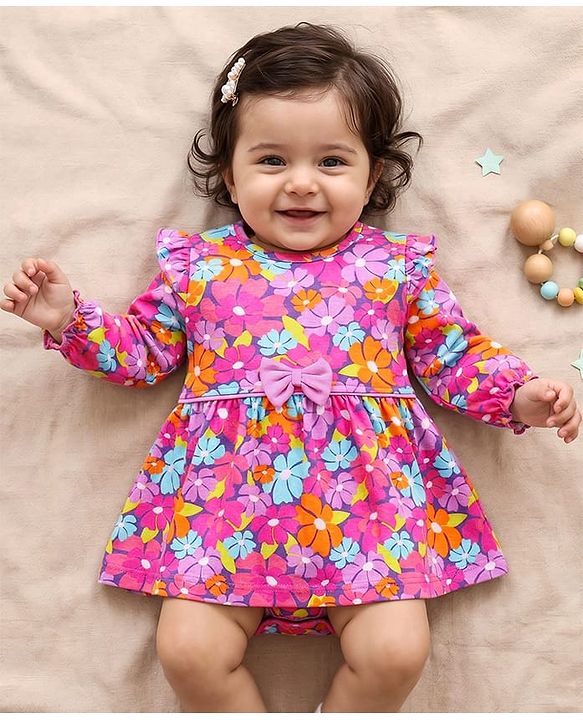 Babyhug Interlock Knit Full Sleeves Frock Style Onesie With Floral Print & Bow Applique - Fuchsia