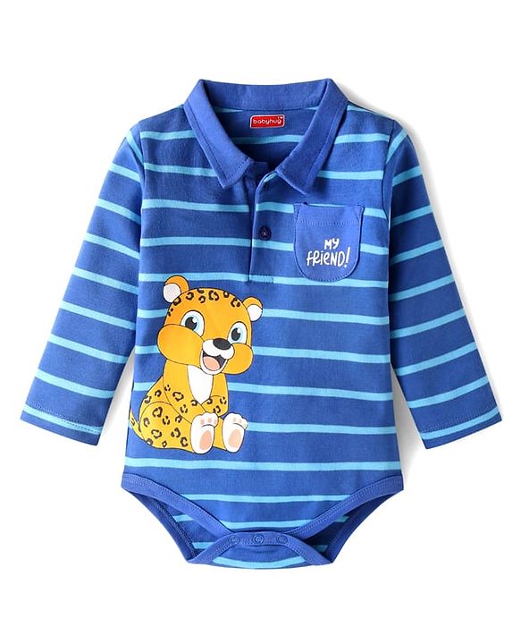 Babyhug 100 % Cotton Knit Full Sleeves Striped & Animal Printed Collared Onesie - Blue