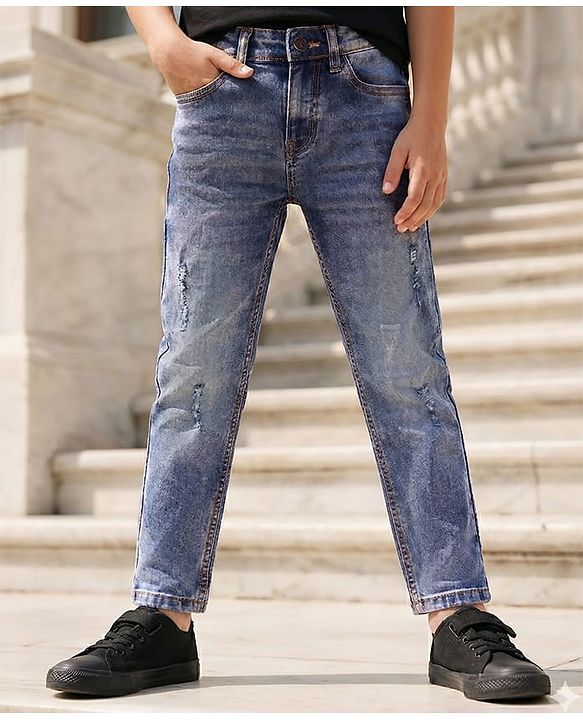Pine Kids Denim Woven Full Length Washed Jeans - Navy Blue