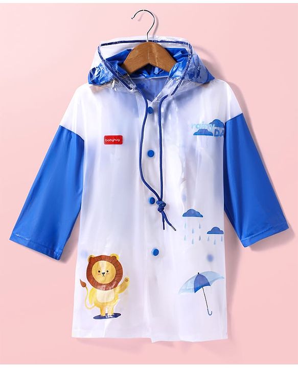 Babyhug Full Sleeves Below Knee Length Raincoat With Lion Print - Royal Blue