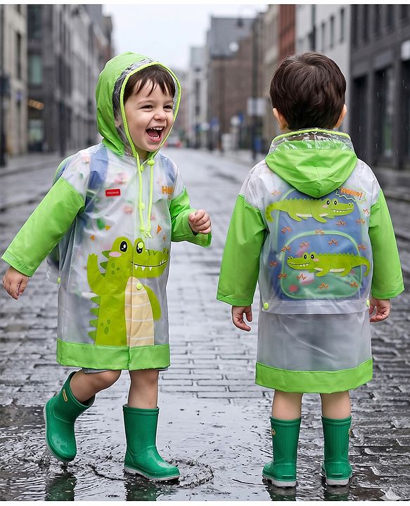 Babyhug Full Sleeves Below Knee Length Raincoat With Dino Print - Green & White