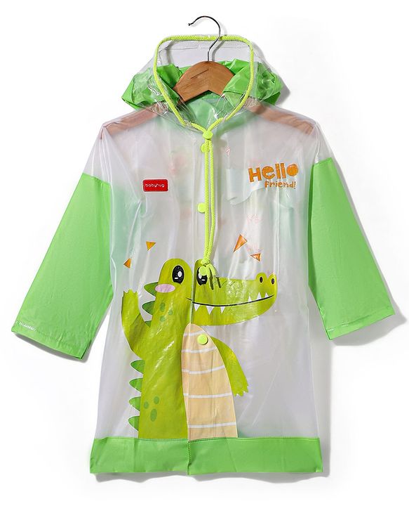 Babyhug Full Sleeves Below Knee Length Raincoat With Dino Print - Green & White