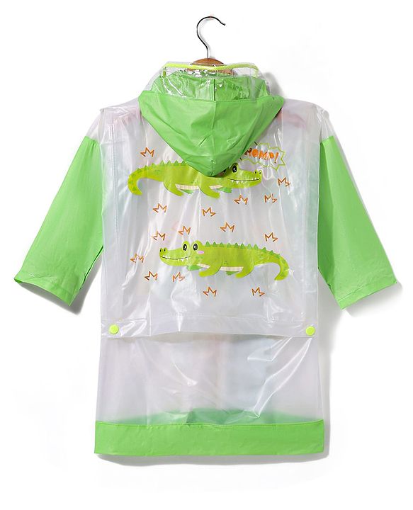 Babyhug Full Sleeves Below Knee Length Raincoat With Dino Print - Green & White