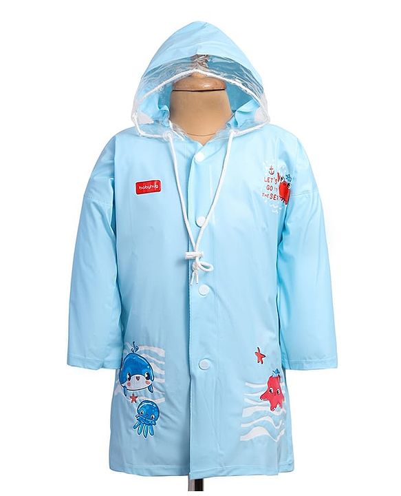 Babyhug Full Sleeves Below Knee Length Raincoat With Fish Print - Light Blue