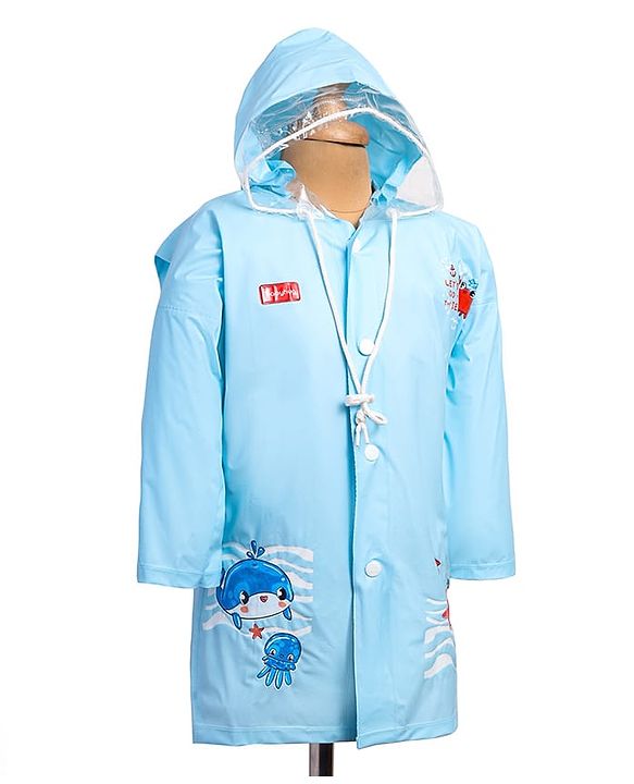 Babyhug Full Sleeves Below Knee Length Raincoat With Fish Print - Light Blue