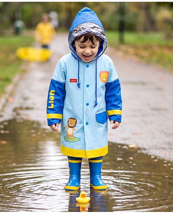 Babyhug Full Sleeves Below Knee Length Raincoat With Lion Print - Light Blue