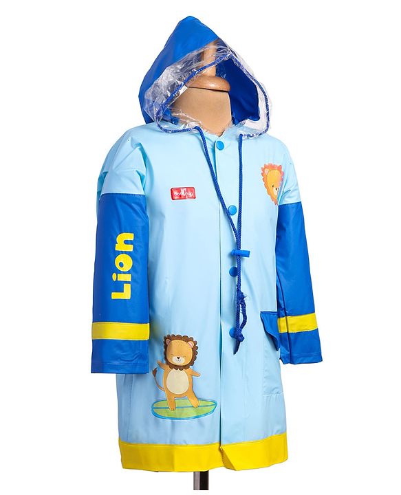 Babyhug Full Sleeves Below Knee Length Raincoat With Lion Print - Light Blue