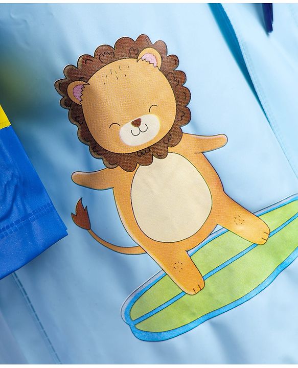 Babyhug Full Sleeves Below Knee Length Raincoat With Lion Print - Light Blue