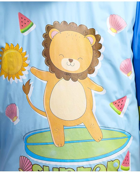 Babyhug Full Sleeves Below Knee Length Raincoat With Lion Print - Light Blue