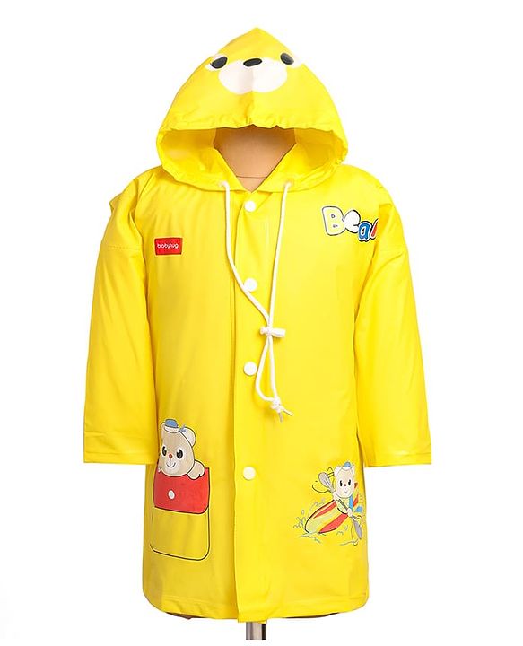 Babyhug Full Sleeves Below Knee Length Raincoat With Bear Box Print - Yellow