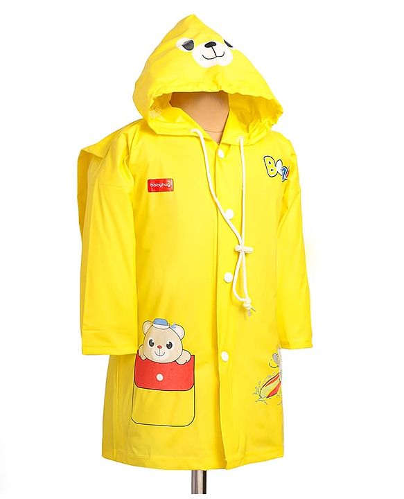 Babyhug Full Sleeves Below Knee Length Raincoat With Bear Box Print - Yellow