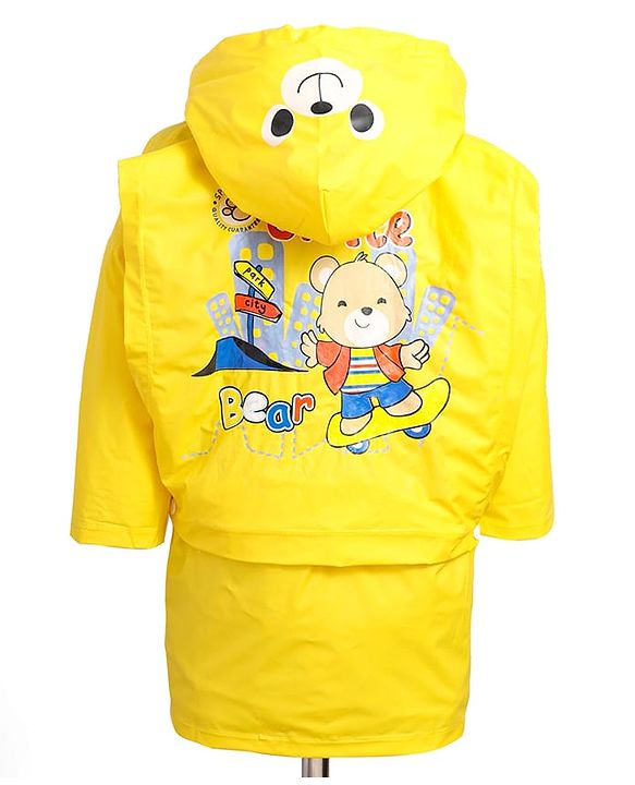 Babyhug Full Sleeves Below Knee Length Raincoat With Bear Box Print - Yellow