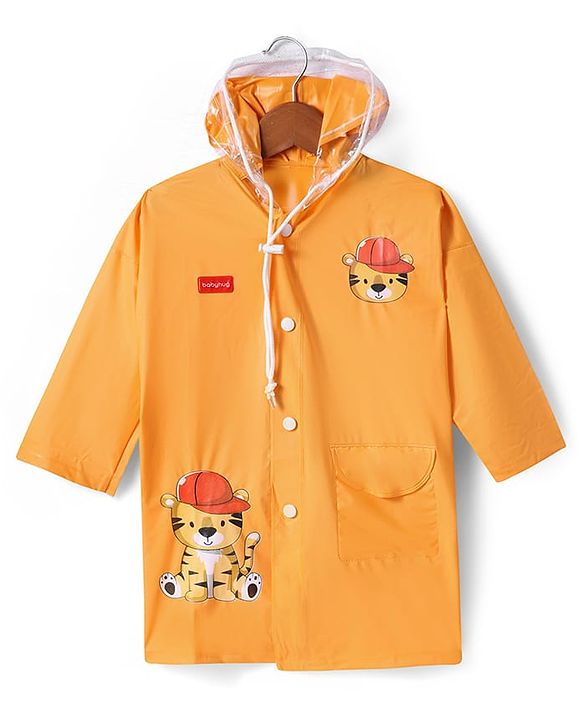 Babyhug Full Sleeves Below Knee Length Raincoat With Tiger Print - Orange