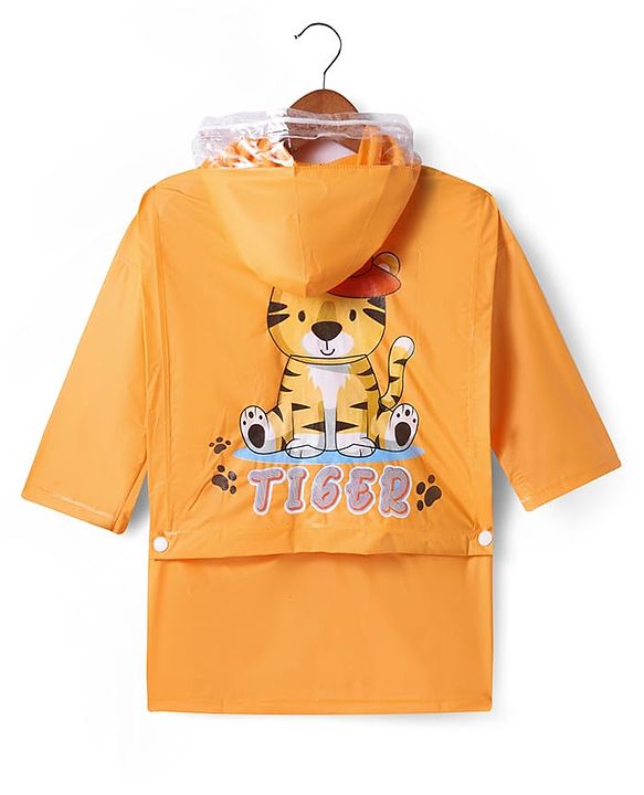 Babyhug Full Sleeves Below Knee Length Raincoat With Tiger Print - Orange